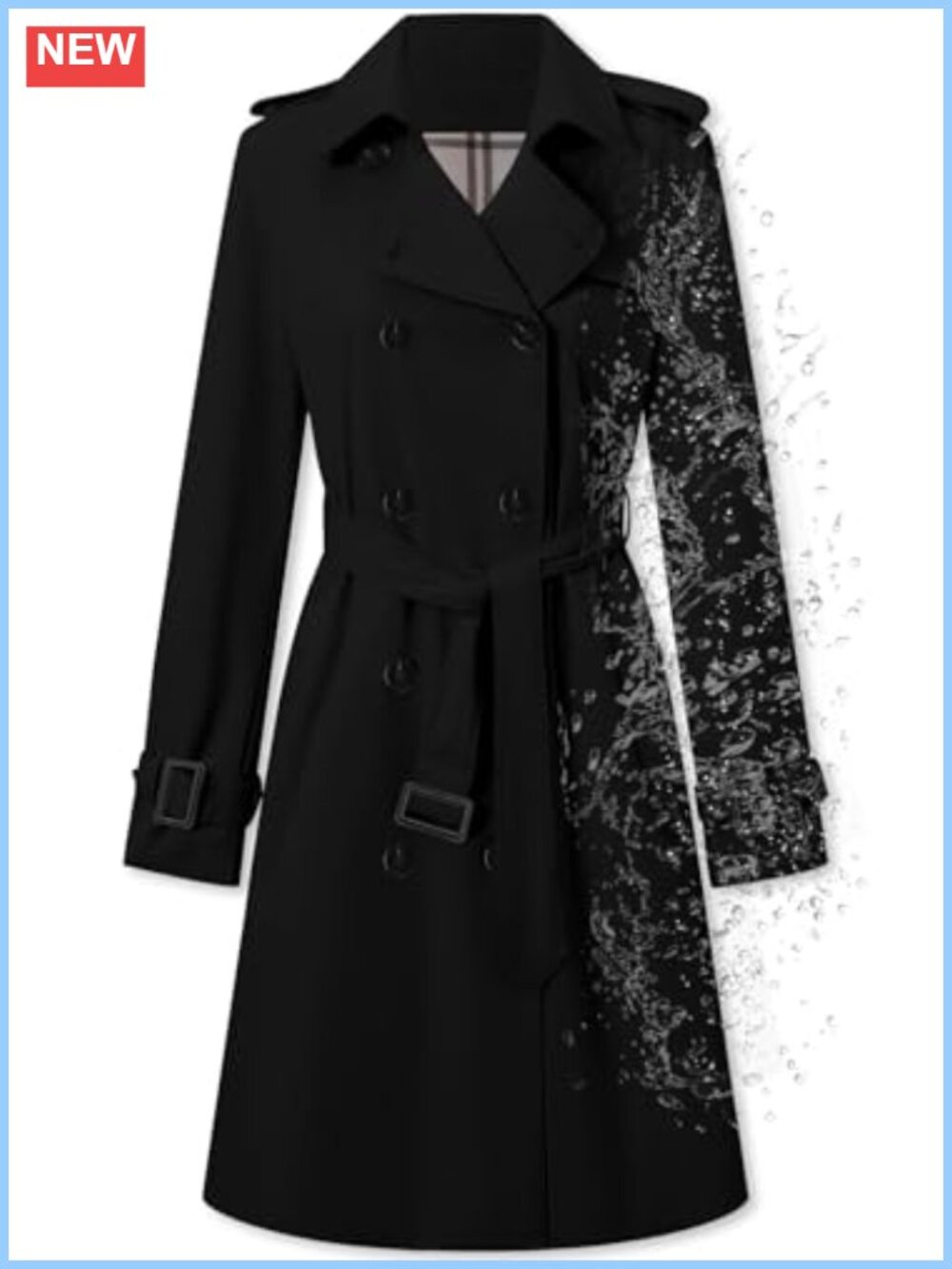 Water-repellent Double-breasted Belted Trench Coat with Removable Belt